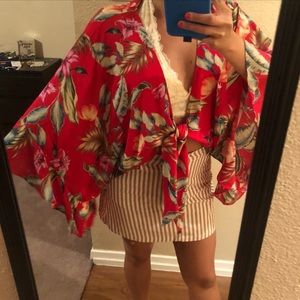 Tropical/Floral Tie Top Bell Sleeve
